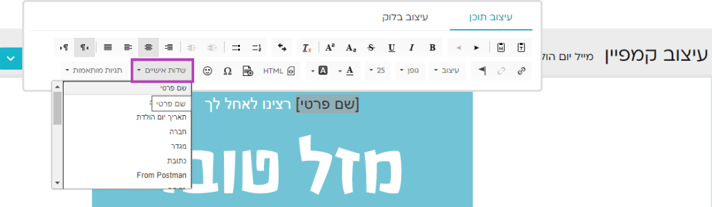 הוספת שדה אישי לגוף המייל