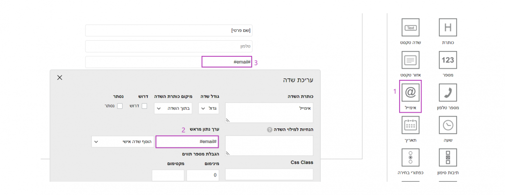 הוספת שדה אישי - מייל. נתון מראש לדף נחיתה